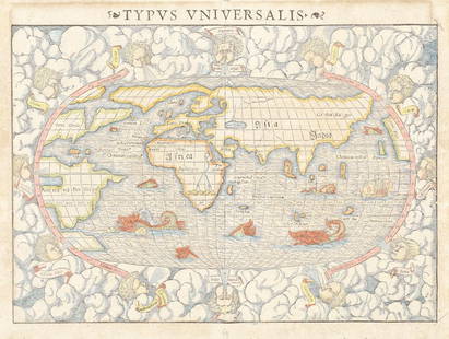 WORLD [MUNSTER (SEBASTIAN)] Typus universalis, [Basle, c.1554]: WORLD [MUNSTER (SEBASTIAN)] Typus universalis, double-page hand-coloured woodcut map, sea-monsters and ships in the sea areas, windheads and clouds in the borders, woodcutter's initials 'DK' lower le