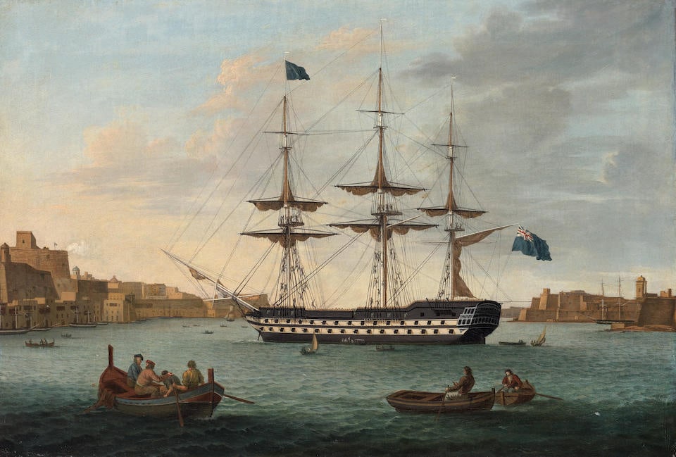 Attributed to Anton Schranz (German, 1769-1839) A British naval ship at anchor off the Grand Har...: Attributed to Anton Schranz (German, 1769-1839) A British naval ship at anchor off the Grand Harbour, Valletta, Malta oil on canvas 37.4 x 53.4cm (14 3/4 x 21in). Footnotes: Provenance Private collect