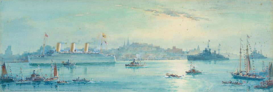 Frank Watson Wood (British, 1862-1953) R.M.S. Empress of Britain leaving Halifax, N.S. 15th June...: Frank Watson Wood (British, 1862-1953) R.M.S. Empress of Britain leaving Halifax, N.S. 15th June 1939', Canada signed and dated 'FRANK W. WOOD. 1939.' (lower right) and inscribed 'THEIR MAJESTIES ABOA