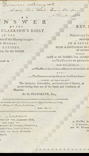 SLAVERY - WEST INDIES-. FRANCKLYN (GILBERT) An Answer to Clarkson's Essay on the Slavery.. parti...: SLAVERY - WEST INDIES, ETC. FRANCKLYN (GILBERT) An Answer to the Rev. Mr. Clarkson's Essay on the Slavery and Commerce of the Human Species, Particularly the African, in a Series of Letters, from a Ge