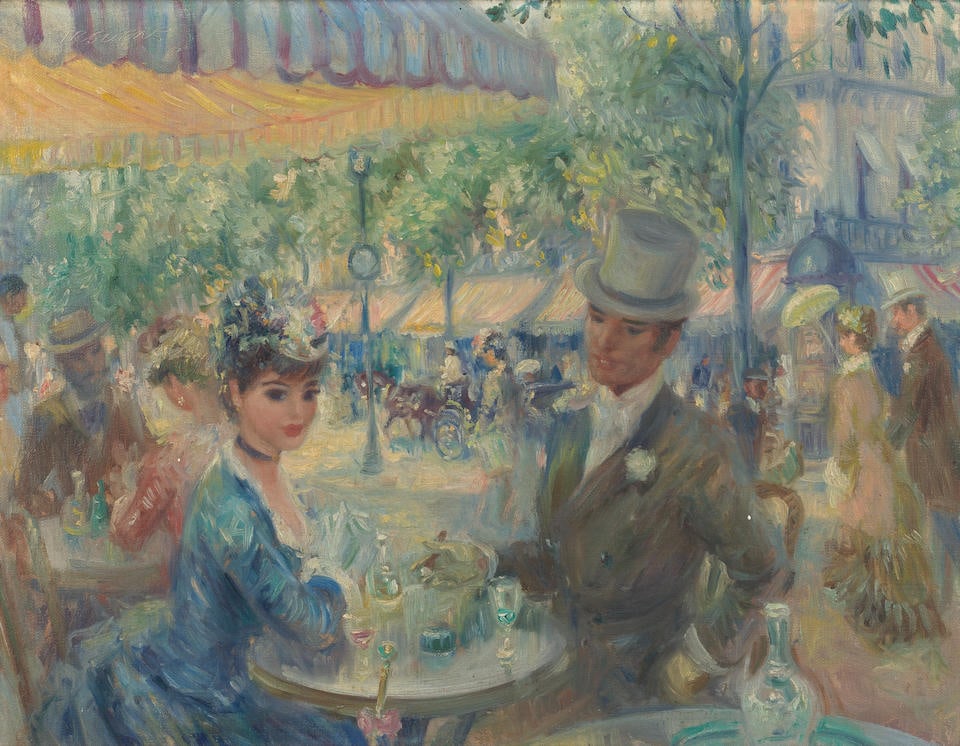 John Frederick Lloyd Strevens (British, 1902-1990) Spring on the boulevards: John Frederick Lloyd Strevens (British, 1902-1990) Spring on the boulevards signed 'Strevens' (incised upper left), signed and titled 'SPRING ON THE BOULEVARDS/JOHN STREVENS' (on the reverse) oil on c