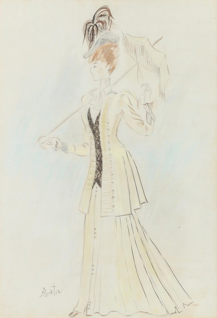 Sir Cecil Beaton (1904-1980) Costume for Lady Windermere's Fan by Oscar Wilde, Phoenix Theatre, ...: Sir Cecil Beaton (1904-1980) Costume for Lady Windermere's Fan by Oscar Wilde, Phoenix Theatre, London 1966 with Coral Browne signed 'BEATON' (lower left) coloured pencil and ink, over traces of penci