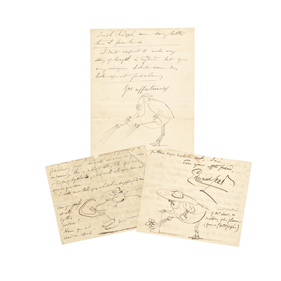 Edward Lear (British, 1812-1888) Group of three self-caricatures by Edward Lear on autograph let...: Edward Lear (British, 1812-1888) Three self-caricatures by Edward Lear drawn on incomplete autograph letters, comprising: i) Self-caricature of Lear wearing a wide-brimmed hat, bent double and leaning