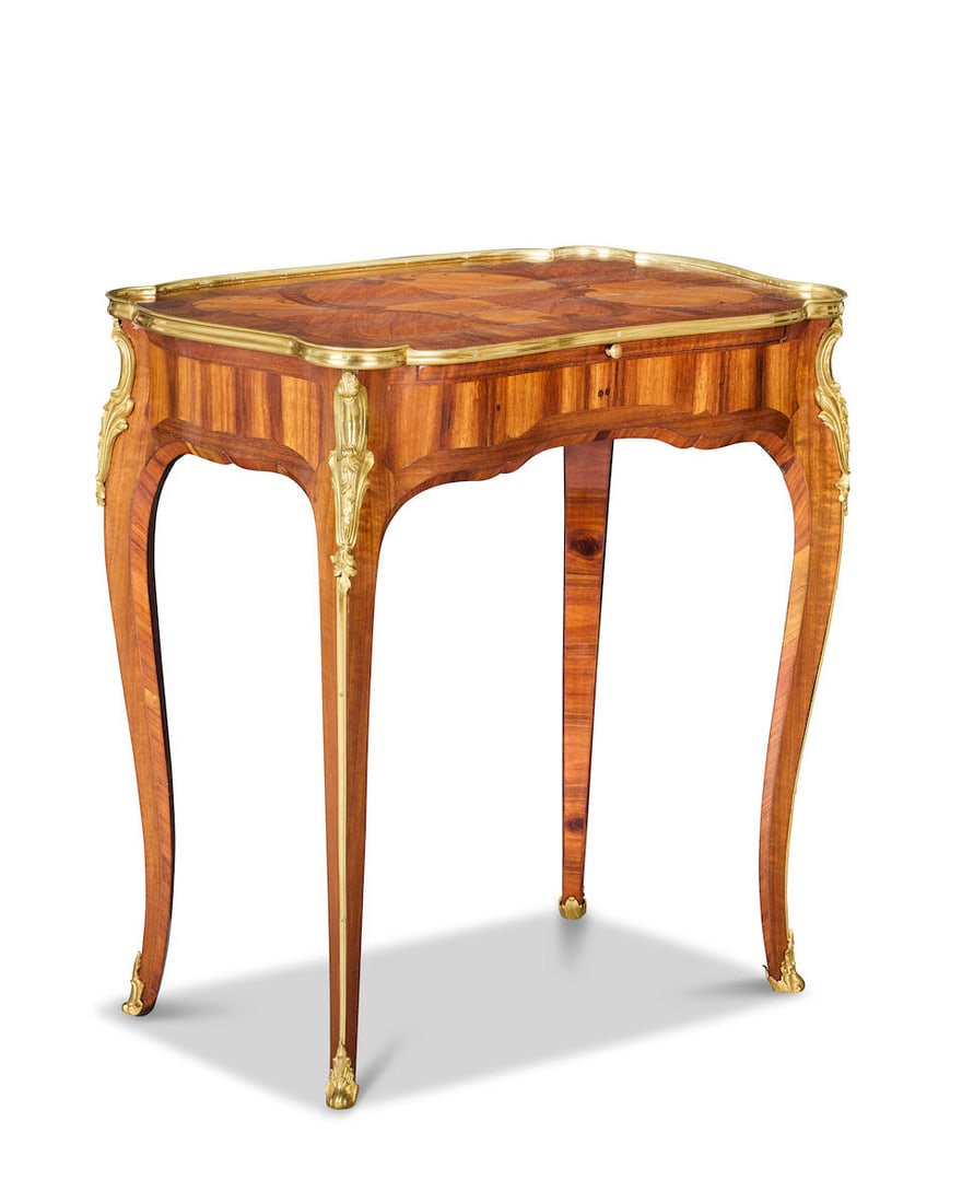 A Louis XV ormolu mounted kingwood, purplewood, tulipwood and bois satine marquetry table à... (1 of 5)