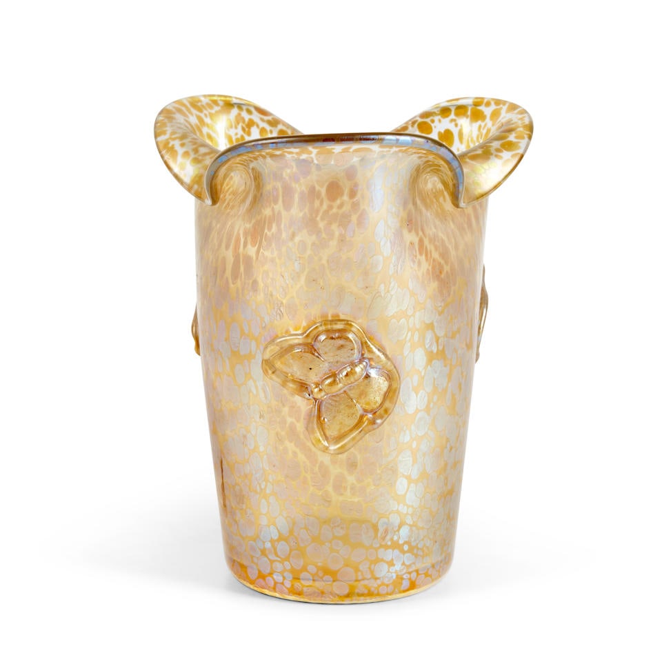 LOETZ VASE WITH APPLIED BUTTERFLIES Czech Republic, c. 1900, iridescent glass, unmarked, approx....: LOETZ VASE WITH APPLIED BUTTERFLIES Czech Republic, c. 1900, iridescent glass, unmarked, approx. ht. 6 in. For further information on this lot please visit Bonhams.com For further information about th