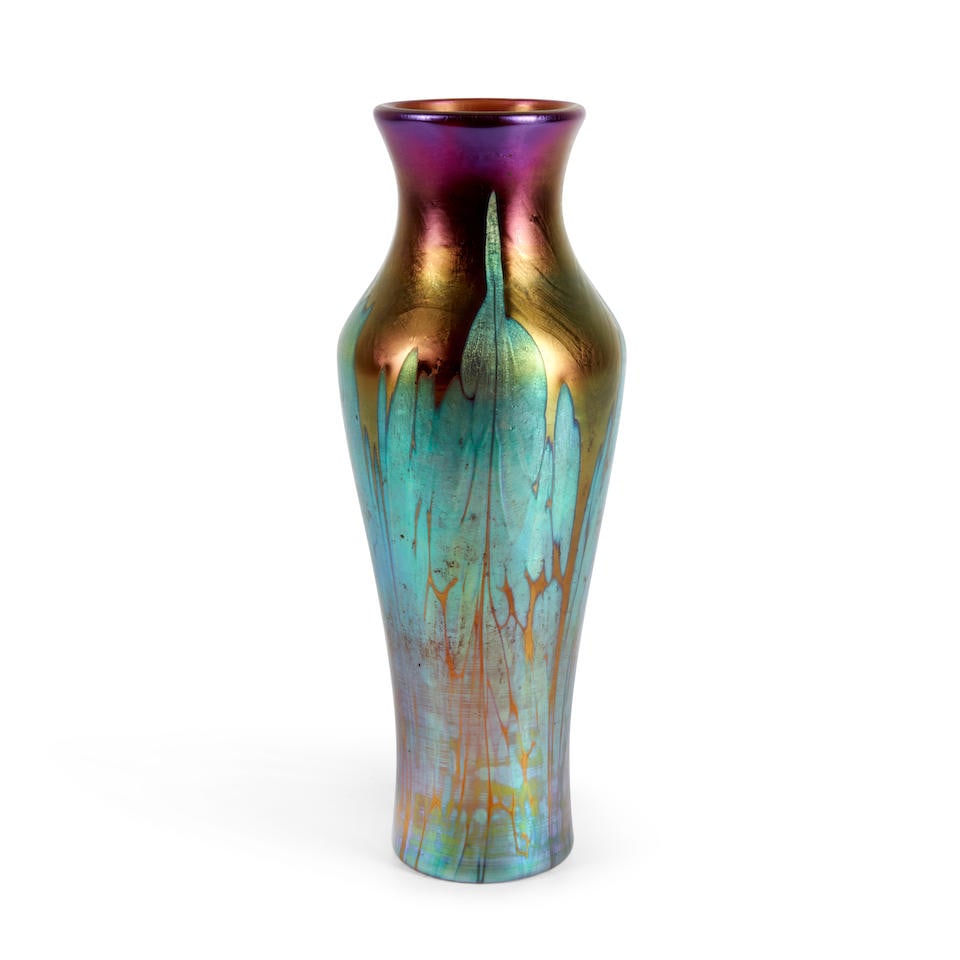 LOETZ 'MEDICI' VASE Czech Republic, c. 1900, iridescent glass, unmarked, ht. 9 1/8 in.: LOETZ 'MEDICI' VASE Czech Republic, c. 1900, iridescent glass, unmarked, ht. 9 1/8 in. For further information on this lot please visit Bonhams.com For further information about this lot please
