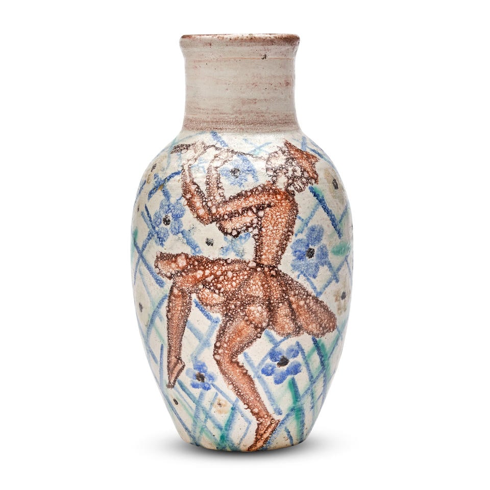 EDOUARD CAZAUX (1889-1974) VASE France, c. 1925, glazed ceramic, painted decoration depicting a ...: EDOUARD CAZAUX (1889-1974) VASE France, c. 1925, glazed ceramic, painted decoration depicting a piper and two dancing figures, incised mark 'Cazaux,' ht. 13 3/4 in. For further information on this lot