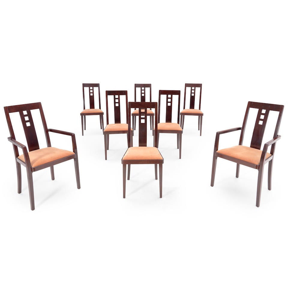 EIGHT ARTS AND CRAFTS-STYLE DINING CHAIRS Germany, c. 1980, lacquered beechwood, upholstery, pap... (1 of 1)