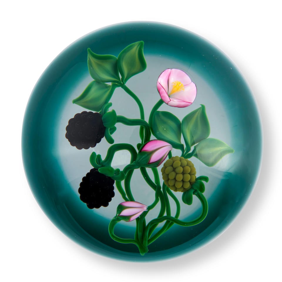 GORDON SMITH (B. 1959) BLACKBERRY FRUIT AND FLOWERS GLASS PAPERWEIGHT New Jersey, dated 1990, in...: GORDON SMITH (B. 1959) BLACKBERRY FRUIT AND FLOWERS GLASS PAPERWEIGHT New Jersey, dated 1990, incised mark 'GES 1990,' ht. 2 1/4, dia. 3 in. For further information on this lot please visit Bonhams.co