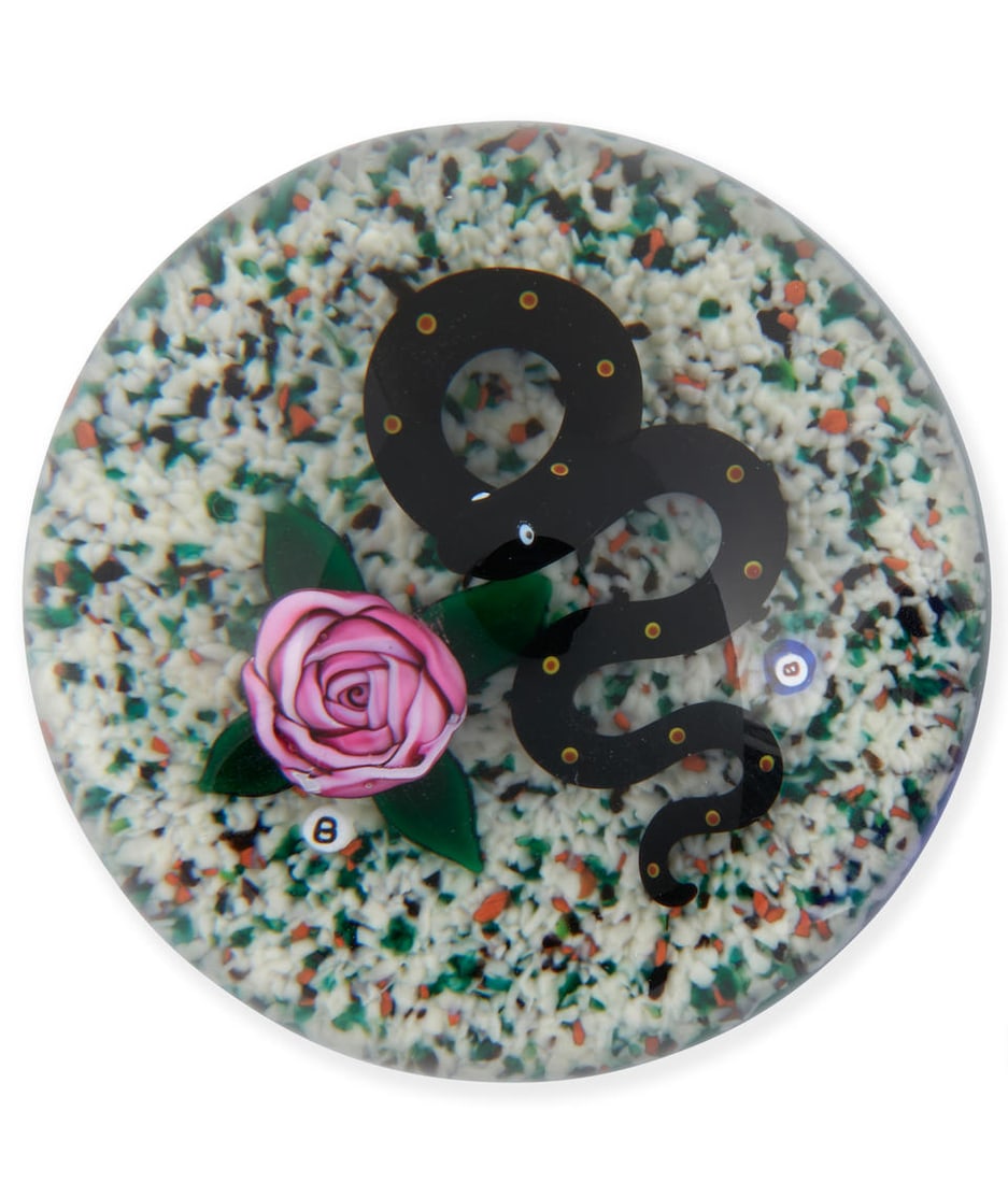 BOB BANFORD COILED SNAKE AND ROSE GLASS PAPERWEIGHT New Jersey, late 20th century, cane mark red...: BOB BANFORD COILED SNAKE AND ROSE GLASS PAPERWEIGHT New Jersey, late 20th century, cane mark red 'B,' ht. 2 1/4, dia. 2 3/4 in. For further information on this lot please visit Bonhams.com For further