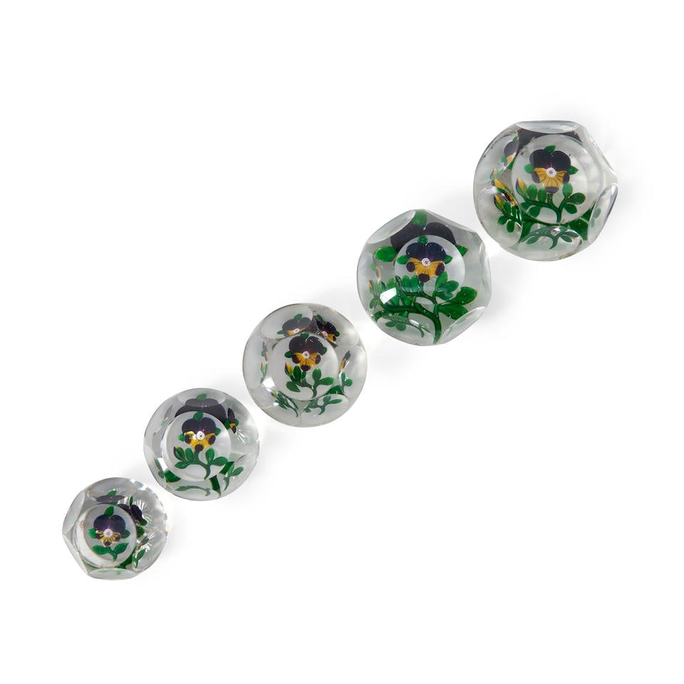 FIVE FACETED PANSY GLASS PAPERWEIGHTS, ht. 1 1/2 to 2 in. (1 of 1)