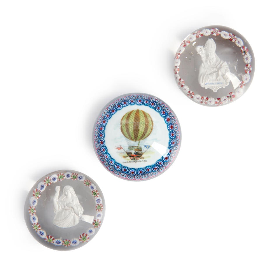 THREE ANTIQUE GLASS PAPERWEIGHTS, commemorating Baron von Lutgendorf's hot air balloon, ht. 2, d... (1 of 1)