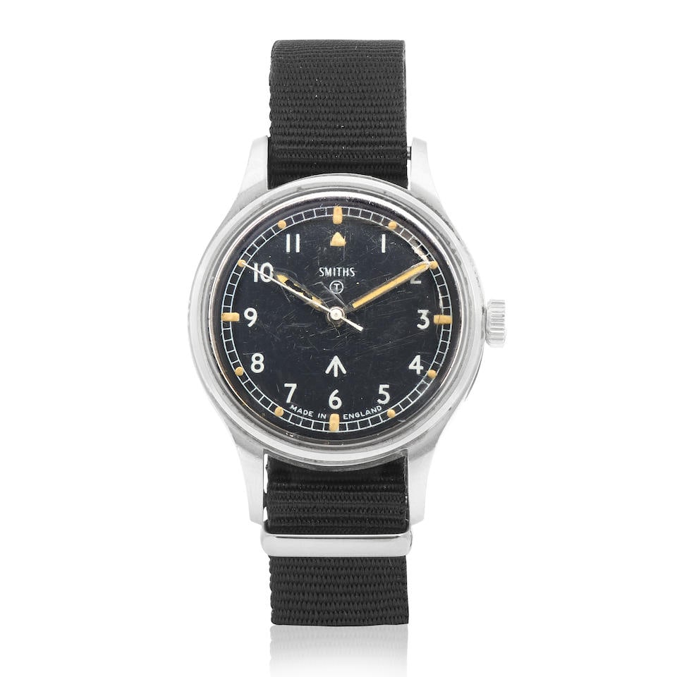 Smiths. A stainless steel manual wind military wristwatch issued to the British Army Circa 1968: Smiths. A stainless steel manual wind military wristwatch issued to the British Army Date: Circa 1968 Movement: 17-jewel Cal.60466E manual wind Dial: Black, broad arrow, tritium T Case: Brushed round,