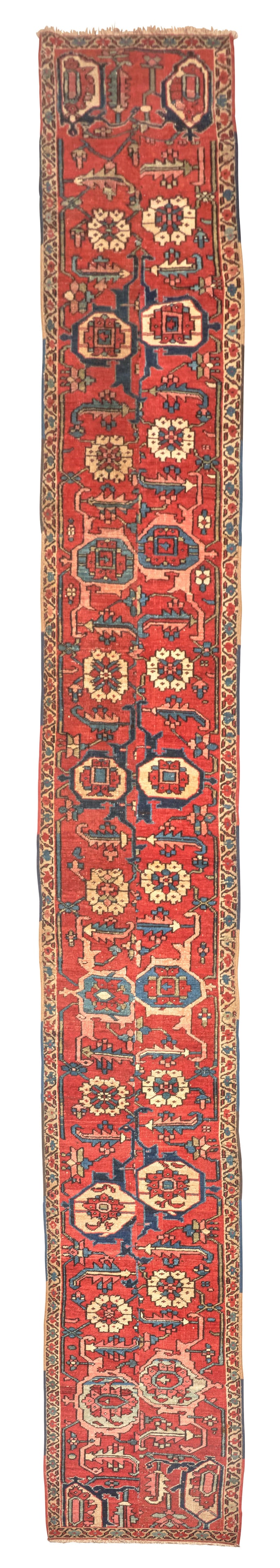 HERIZ RUNNER 2 ft. 1 in. x 15 ft. 4 in.: HERIZ RUNNER c. early 20th century, reduced in size. 2 ft. 1 in. x 15 ft. 4 in. Footnotes: OVERALL CONDITION: wear consistent with age and use. This condition report is provided for your convenience b