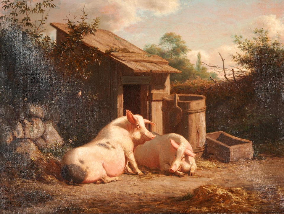 Carl Henrik Bøgh (Danish, 1827-1893) A Farm Scene with Two Pigs (framed 52.0 x 63.0 x 6.0 c...: Carl Henrik Bøgh (Danish, 1827-1893) A Farm Scene with Two Pigs signed and dated 'Carl Bogh 1867' (lower right); attributed on a presentation plaque; inscribed indistinctly in Danish (in pen on t