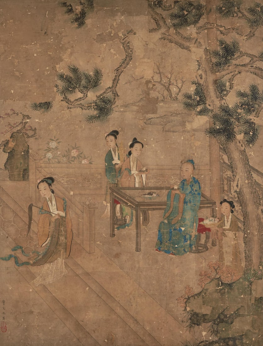AFTER QIU YING A Garden Scene, China, Qing dynasty: AFTER QIU YING A Garden Scene, China, Qing dynasty Ink and color on paper, framed and glazed, signed Shifu Qiuying, with seal, reading ShiZhou. 29 x 22in (73.7 x 55.9cm) 34 3/4 x 27 1/2in (88.3 x 69.8