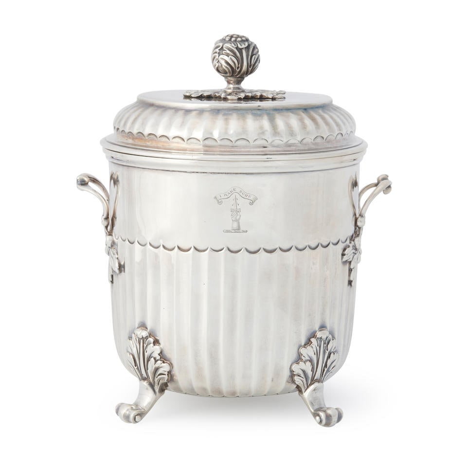 Victorian Sterling Silver Biscuit Box,: Victorian Sterling Silver Biscuit Box, London, 1898, Charles Stuart Harris, maker, cylindrical with bat-wing fluting to the cover and body, sided by cast foliate and scroll handles, raised on feet of