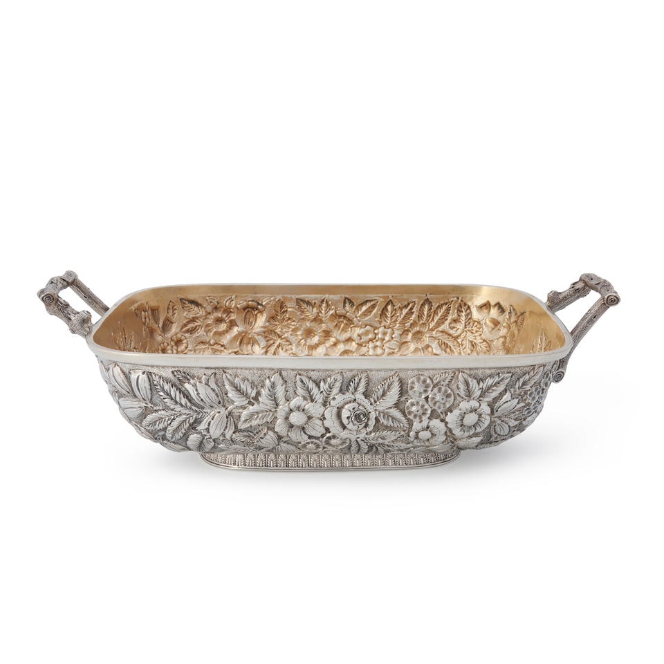 Sterling Silver Bowl,: Sterling Silver Bowl, 1870s, retailed by Black, Starr & Frost, rectangular with rounded corners, foliate and floral repousse decoration sided by branch form handles, gilt wash interior and monogrammed