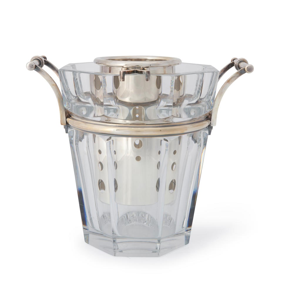 Baccarat 'Harcourt' Cut Crystal & Silver Plate Ice Bucket, France, 20th century,: Baccarat 'Harcourt' Cut Crystal & Silver Plate Ice Bucket, France, 20th century, octagonal with silver-plated insert to hold bottle of wine, ht. 9 1/2, dia. 7 3/4 in. For further information on this l