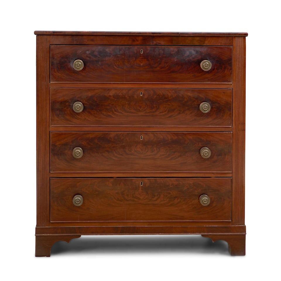 Georgian Mahogany Four Drawer Chest, England, 19th century,: Georgian Mahogany Four Drawer Chest, England, 19th century, with brass hardware, fluted trim, ogee bracket feet, ht. 42, lg. 39 3/4, w. 19 3/4 in. For further information on this lot please visit Bonh