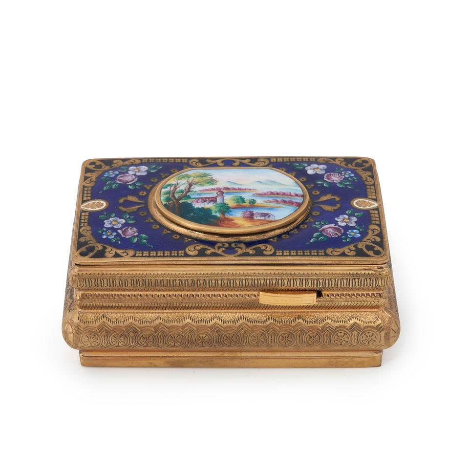 Retailed by Tiffany & Co. Gilt Metal and Enamel Automaton Bird Box, (1 of 2)