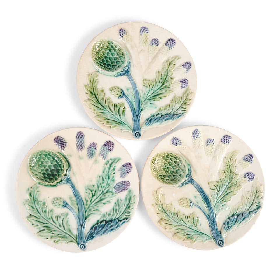 Twenty-four Similar Majolica Artichoke Plates,   France, late 19th century, (1 of 1)