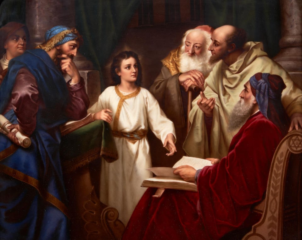 Framed KPM Berlin Porcelain Plaque Depicting Christ in the Temple, Germany, c. 1900, (1 of 2)