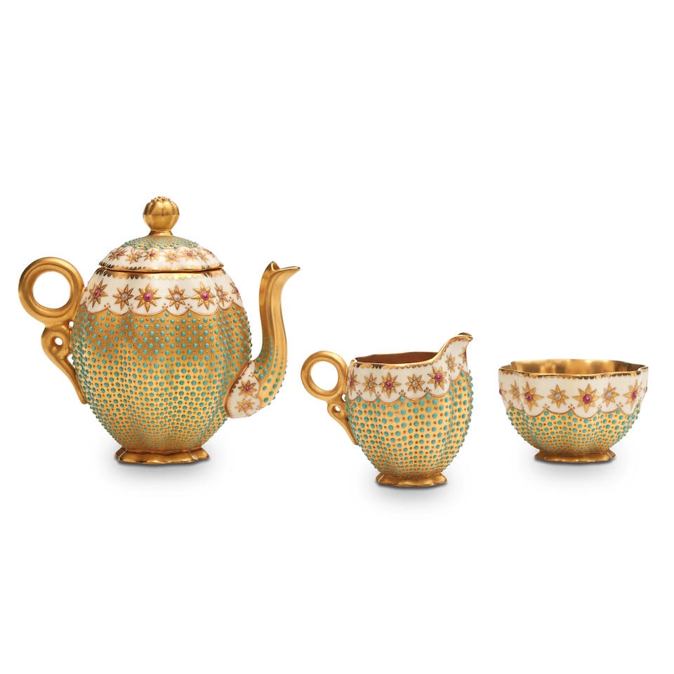 Three Piece Jeweled Coalport Porcelain Teaset, England, late 19th/early 20th century, (1 of 2)