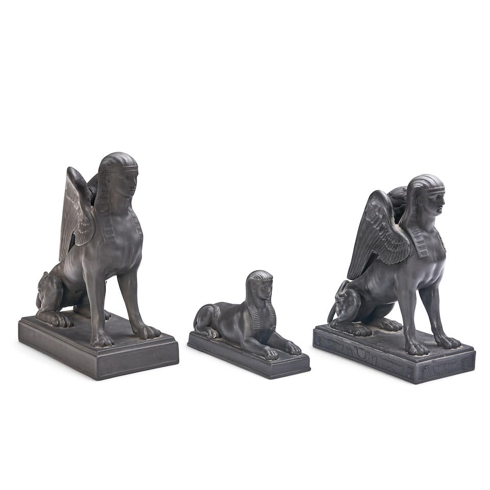 Three Wedgwood Black Basalt Sphinxes, England, 19th century, (1 of 3)