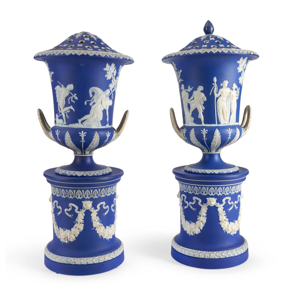 Pair of Wedgwood Dark Blue Jasper Dip Campagna Vases and Pedestals, England, 19th century, (1 of 1)