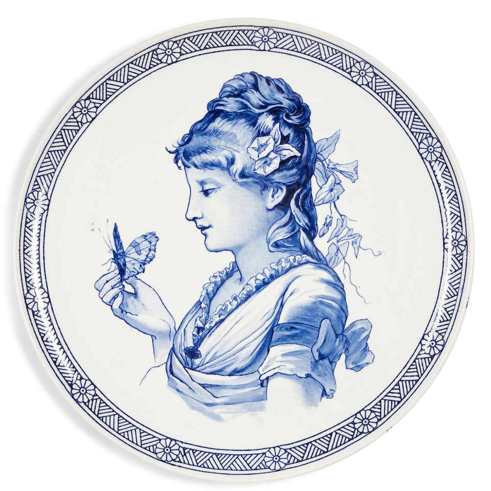 Wedgwood Queen's Ware Portrait Charger, England, c. 1865,: Wedgwood Queen's Ware Portrait Charger, England, c. 1865, blue decorated maiden holding a butterfly, impressed mark, dia. 15 in. Footnotes: Provenance: Hightower collection. Lot to be sold without res