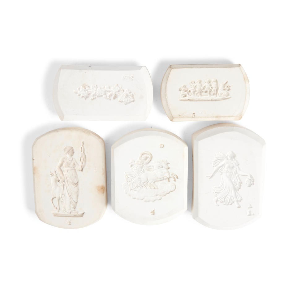 Five Wedgwood Relief Molds, England, early and late 20th century,: Five Wedgwood Relief Molds, England, early and late 20th century, four with classical subjects, one with grape vine, impressed and printed marks, lg. 2 3/4 to 3 3/8 in. For further information on this