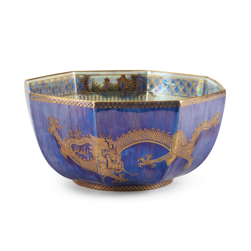 Wedgwood Dragon Lustre Bowl, England, c. 1920,: Wedgwood Dragon Lustre Bowl, England, c. 1920, octagonal shape with dragons to a mottled blue exterior, mother of pearl interior with dragons surrounding a coiled dragon center, printed mark, dia. 9 i