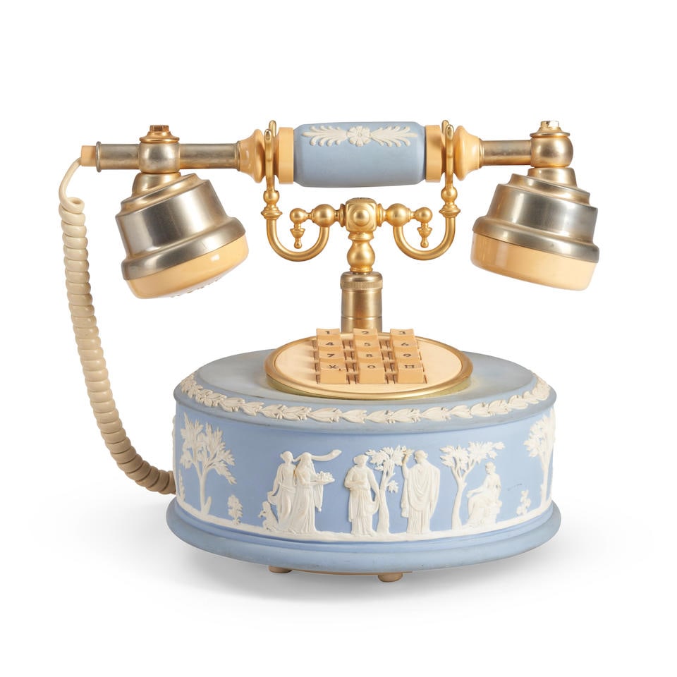Wedgwood Solid Light Blue Jasper Mounted Telephone, England, 1988,: Wedgwood Solid Light Blue Jasper Mounted Telephone, England, 1988, Astral collection, applied white classical figures in relief, overall ht. 7 1/2 in. Lot to be sold without reserve. For further infor