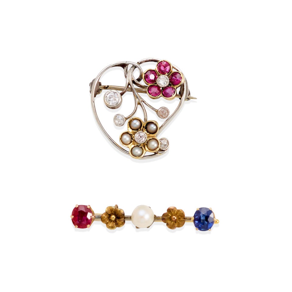 TWO ANTIQUE GOLD, PEARL, DIAMOND, RUBY AND SAPPHIRE BROOCHES (1 of 2)