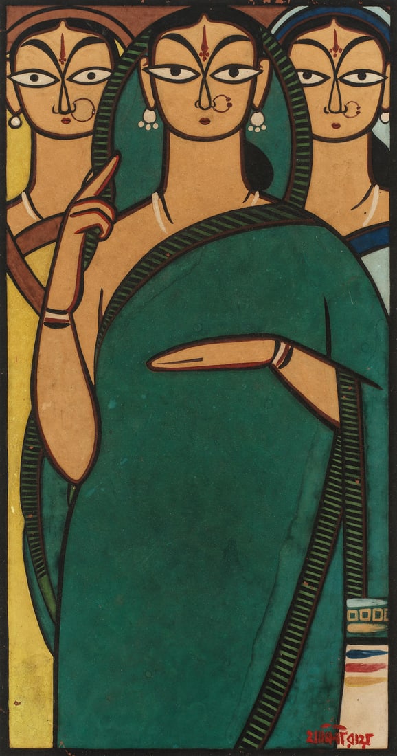 Jamini Roy (1887-1972) Untitled (Three Women): Jamini Roy (1887-1972) Untitled (Three Women) signed in Bengali lower right tempera on card, framed 48.5 x 25.5cm (19 1/8 x 10 1/16in). Footnotes: Provenance Property from a private collection, Sin