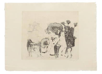 Laxma Goud (B.1940) Untitled (Nizampur V): Laxma Goud (B.1940) Untitled (Nizampur V) signed 'K Laxma Goud 1975' lower right aquatint etching 43 x 56cm (16 15/16 x 22 1/16in). Footnotes: Provenance Property from a private collection, London.