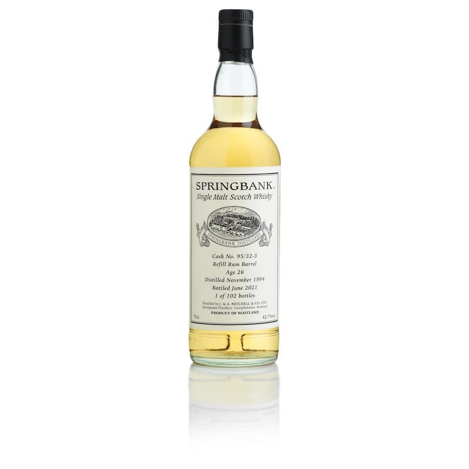 Springbank 26 Year Old, 1994 (1x 70cl): Springbank 26 Year Old, 1994 (1x 70cl) Region: Campbeltown, single malt Fill Level: into neck Capsule: good condition Label: good labelling Alcohol content: 42.7% ABV Notes: Distilled November 1994, b