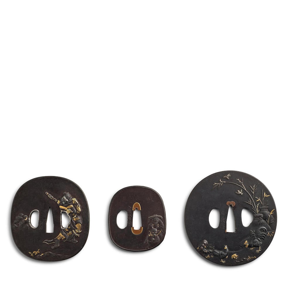 THREE INLAID-IRON TSUBA Edo period (1615-1868), 18th/19th century (3) (1 of 2)