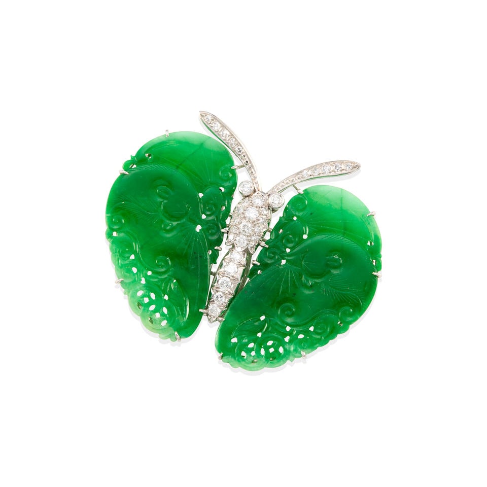 PLATINUM, NEPHRITE AND DIAMOND BUTTERFLY BROOCH (1 of 3)
