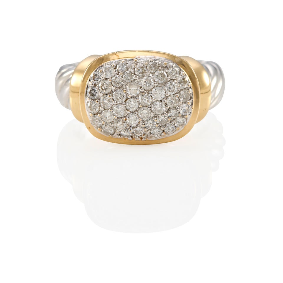 14K GOLD AND DIAMOND RING: 14K GOLD AND DIAMOND RING • 14k yellow and white gold • 37 round-cut diamonds weighing approximately 0.70 carat total • Size 7 • Estimated gross weight: 7.3 grams Footnotes: Ov