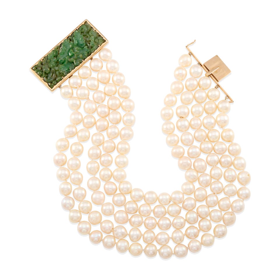 14K GOLD, JADE AND CULTURED PEARL CHOKER NECKLACE (1 of 2)