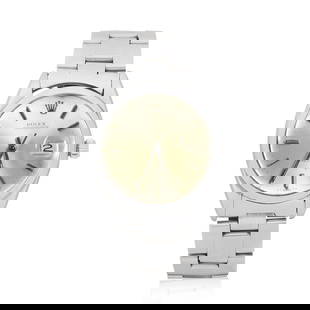 Rolex. A stainless steel automatic calendar bracelet watch  Oysterdate, Ref: 6694, Circa 1966: Rolex. A stainless steel automatic calendar bracelet watch Model: Oysterdate Reference: 6694 Date: Circa 1966 Movement: 17-jewel Cal.854 automatic, No.1215 Dial: Sunburst silvered Case: Brushed and po