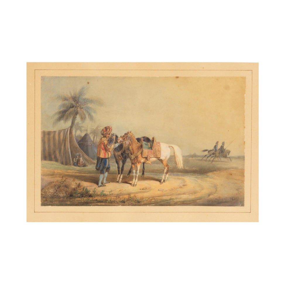 Noël-Dieudonné Finart (Condé-sur-l'Escaut 1787-1852 Paris) Cavalier ottoman dans ...: Noël-Dieudonné Finart (Condé-sur-l'Escaut 1787-1852 Paris) Cavalier ottoman dans le désert signé et daté 'D. Finart. 1831' (en bas à droite) aquarelle et gomme arabi