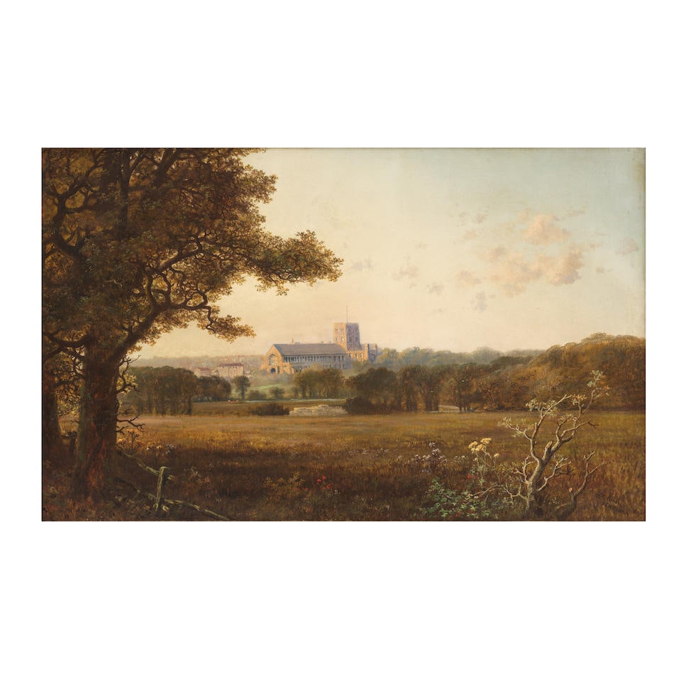 Edmund John Niemann (Islington 1813-1876 Brixton Hill) Paysage avec la Cathédrale de Saint-...: Edmund John Niemann (Islington 1813-1876 Brixton Hill) Paysage avec la Cathédrale de Saint-Albans signé et localisé 'St Albans/ Niemann.' (en bas à droite) huile sur toile signed a