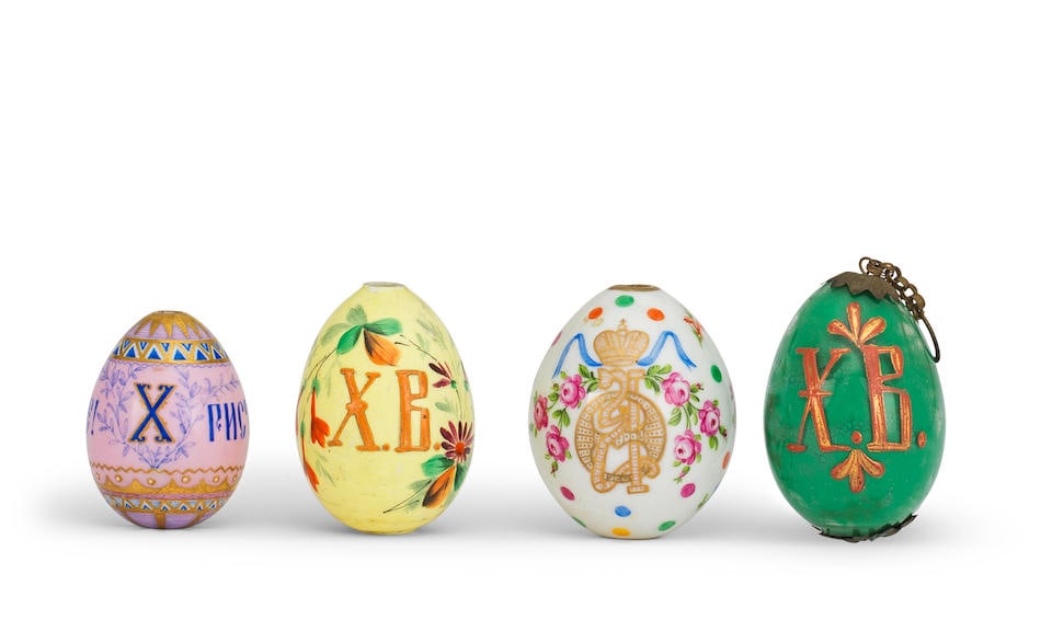 A group of four Easter eggsImperial Porcelain Factory, St Petersburg (4): A group of four Easter eggs Imperial Porcelain Factory, St Petersburg two decorated with the Cyrillic cypher XB signifying 'Christ is risen' on yellow and green grounds, the last two with different cy