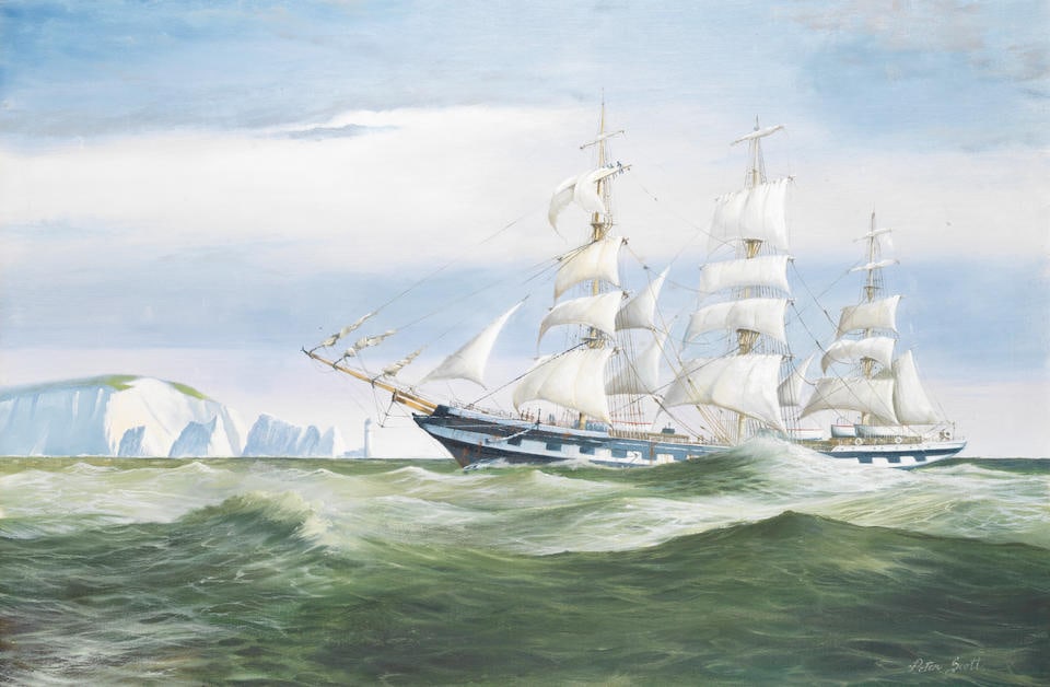 Peter Scott (British, mid/late 20th Century) A three masted ship passing the Needles off the Isl... (1 of 2)