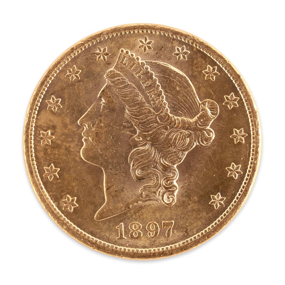 A UNITED STATES 1897 LIBERTY HEAD $20 DOUBLE EAGLE GOLD COIN. (1 of 2)