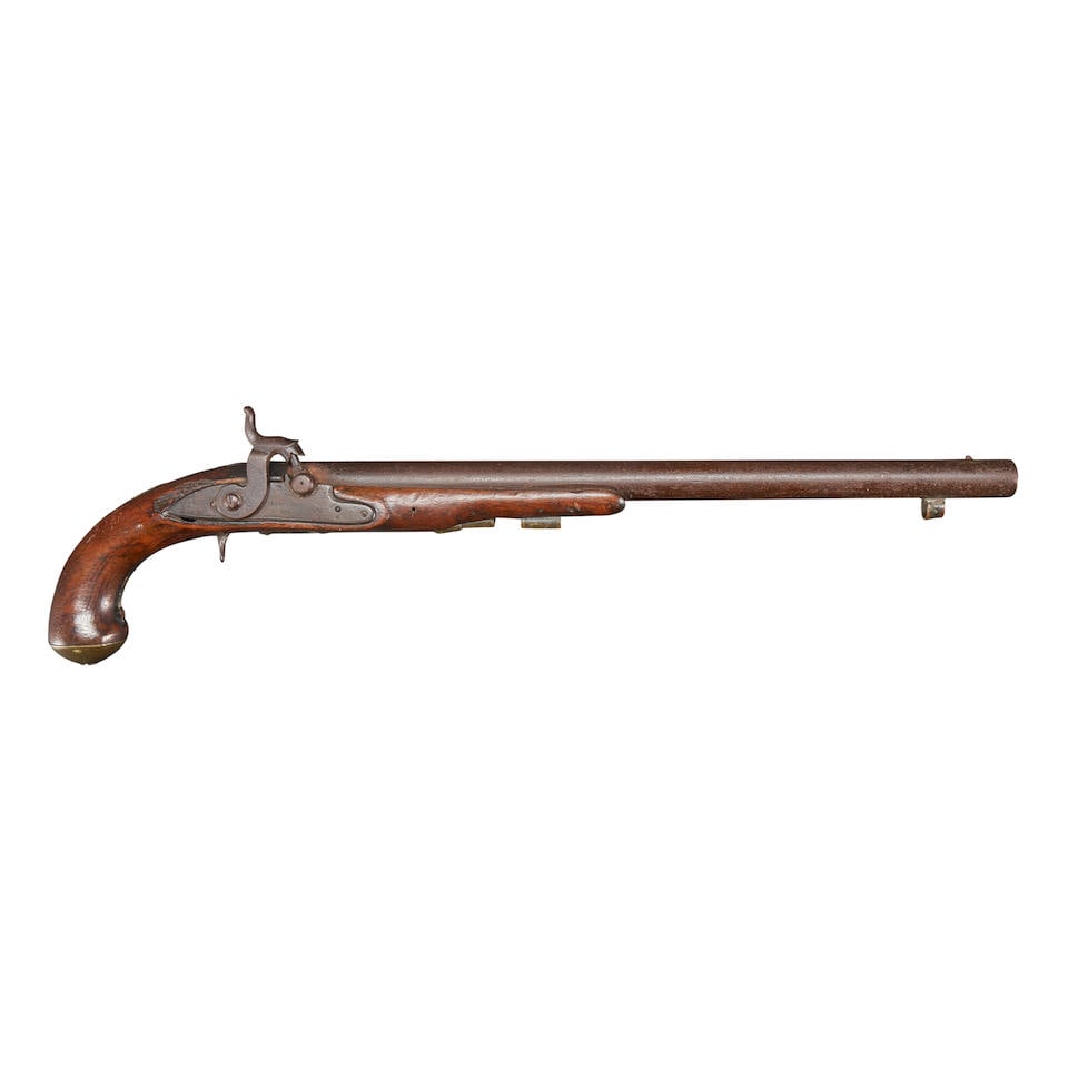 A LONG-BARRELED ENGLISH PERCUSSION PISTOL,: A LONG-BARRELED ENGLISH PERCUSSION PISTOL, second quarter of the 19th century. 15 7/8 in., .58 caliber modified round longarm barrel; flat Ketland & Co. lock; walnut stock with brass nose cap, open wo