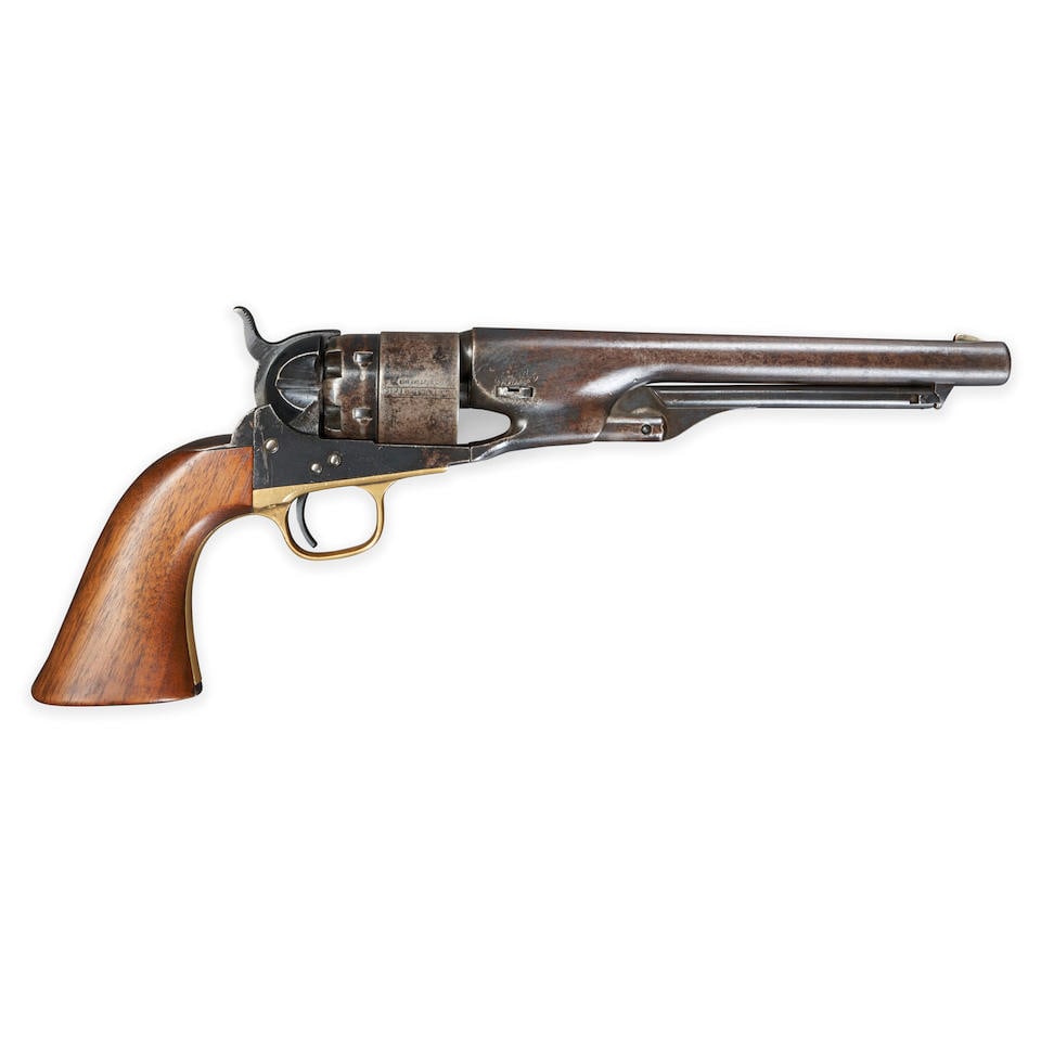 A COLT MODEL 1860 ARMY REVOLVER,: A COLT MODEL 1860 ARMY REVOLVER, 1862. Serial number 51592, .44 caliber, top of the barrel marked 'ADDRESS COL. SAML COLT NEW-YORK U.S.AMERICA' and the right side of the barrel marked 'D' above the we